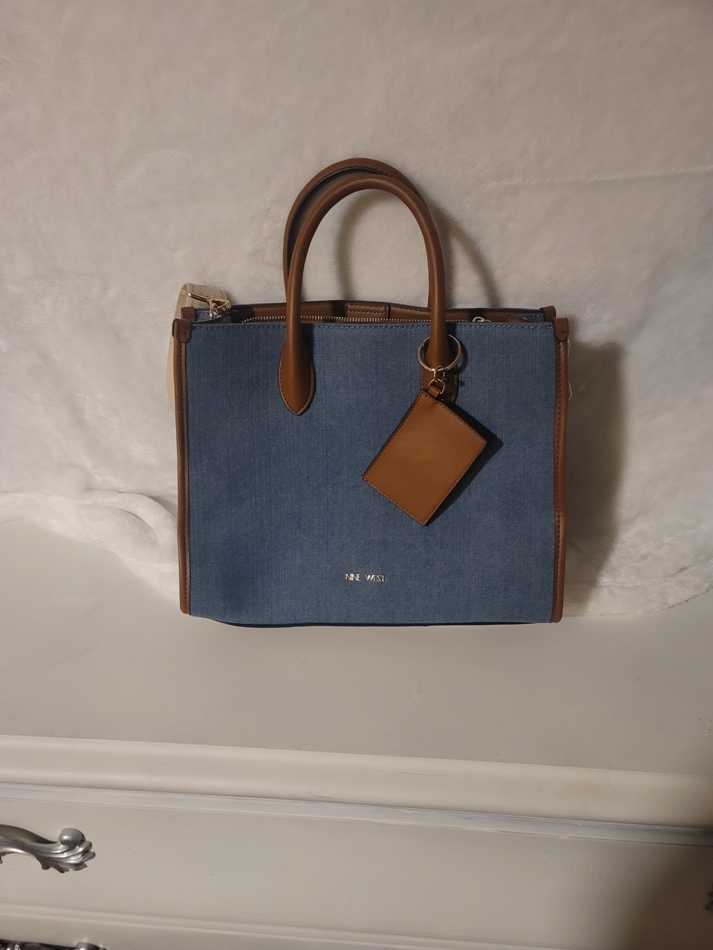 Nine West Blue Denim Tote with Brown Trim